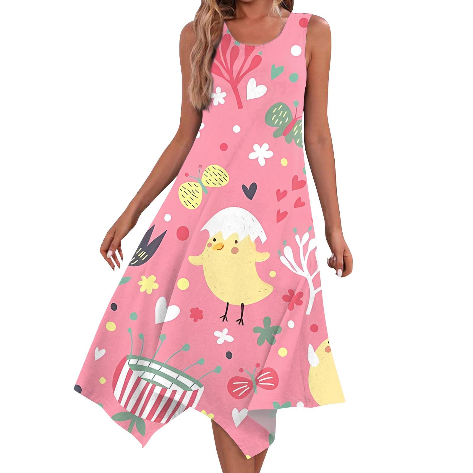 

Жіноча повсякденна модна сукня міді з круглим вирізом без рукавів із пасхальним принтом із нерівним подолом XL жовтий