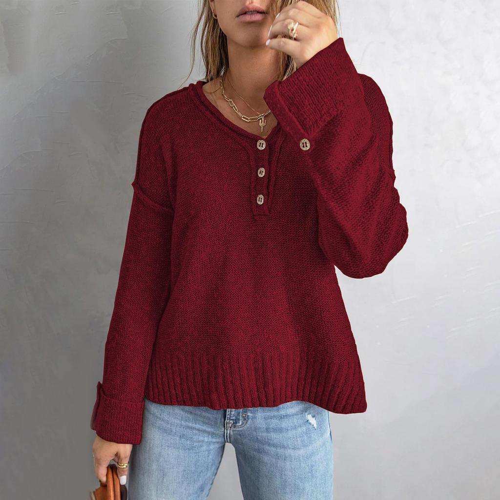 Women's Temperament Casual Solid Color Button Off Shoulder Loose Knitted Sweater
