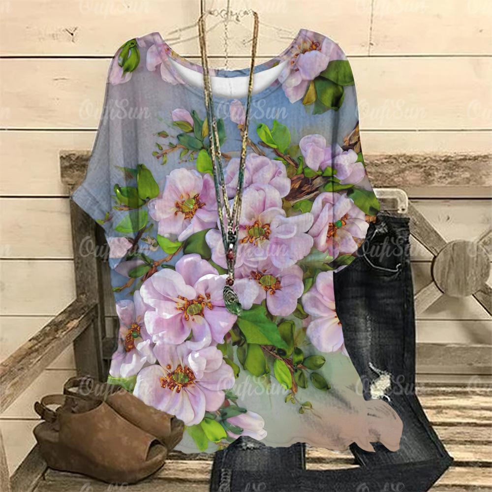 

Весенняя женская футболка свободного покроя с элегантным цветочным принтом и круглым вырезом, женская одежда, летняя футболка с коротким рукавом, женский пуловер Harajuku 2XL