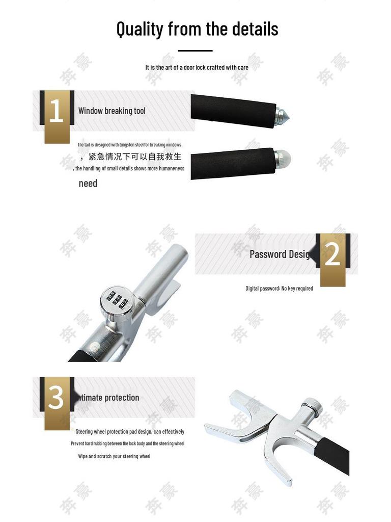Adjustable Telescopic Anti-Theft Steering Wheel Lock with Window Hammer & Metal U-Lock