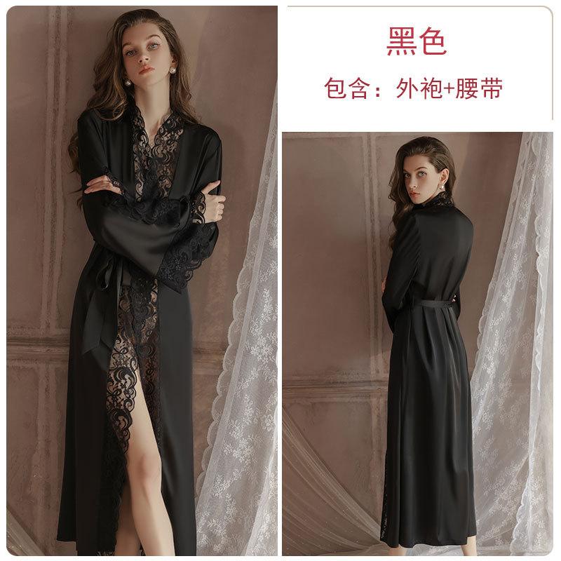 

Underwear Sexy Perspective Lace Hot Split Ice Silk Nightgown Deep V Temptation Lace-Up Robe Set M