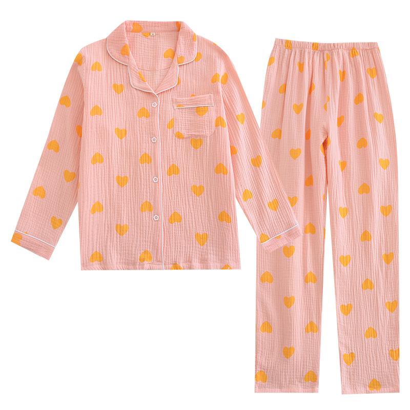 Love crepe lapel pajamas women's spring and summer thin long-sleeved cardigan set large size loose and comfortable loungewear