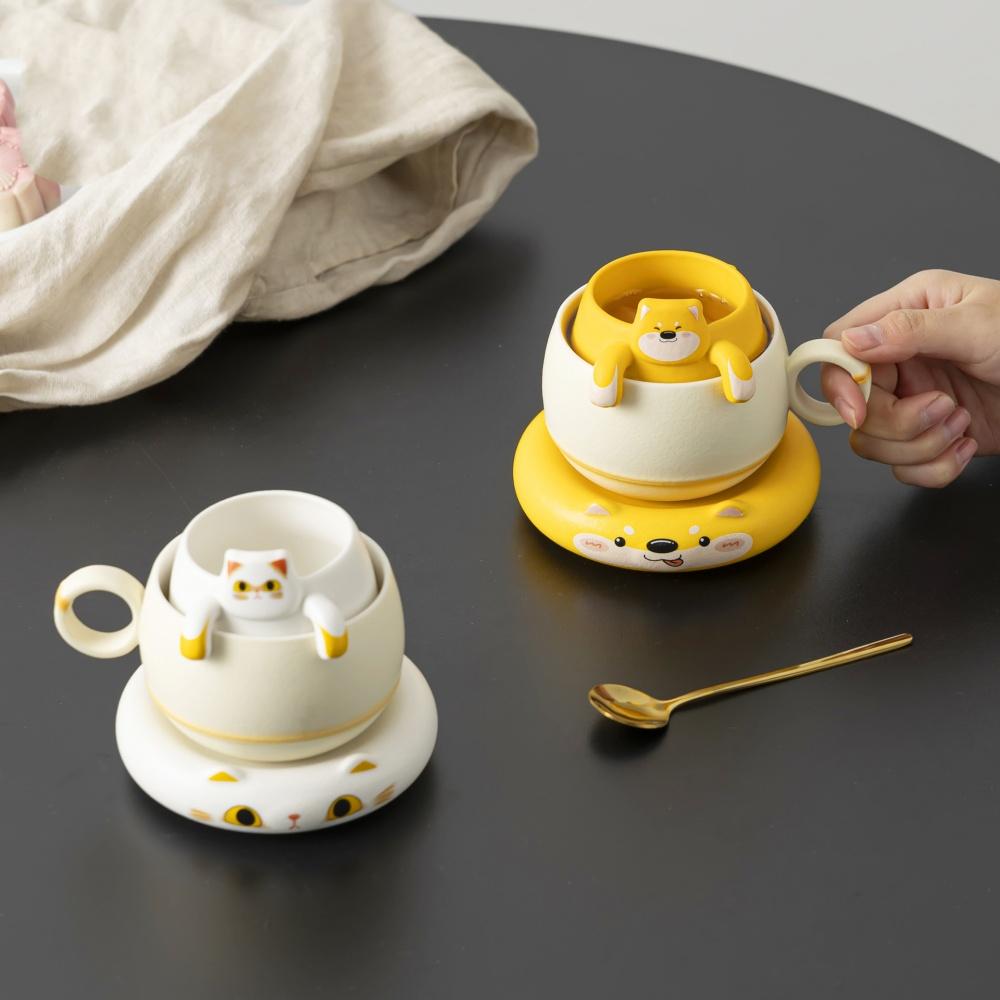 Cartoon Dog Shaped Ceramic Mug With Saucer Tea Infuser And Spoon Procelain Tea Mug