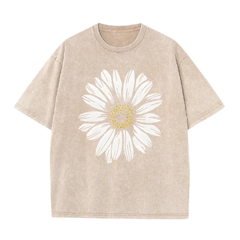 Daisy Flower Print Vintage Washed BlackT Shirt Casual Minimalist Streetwear Tee S