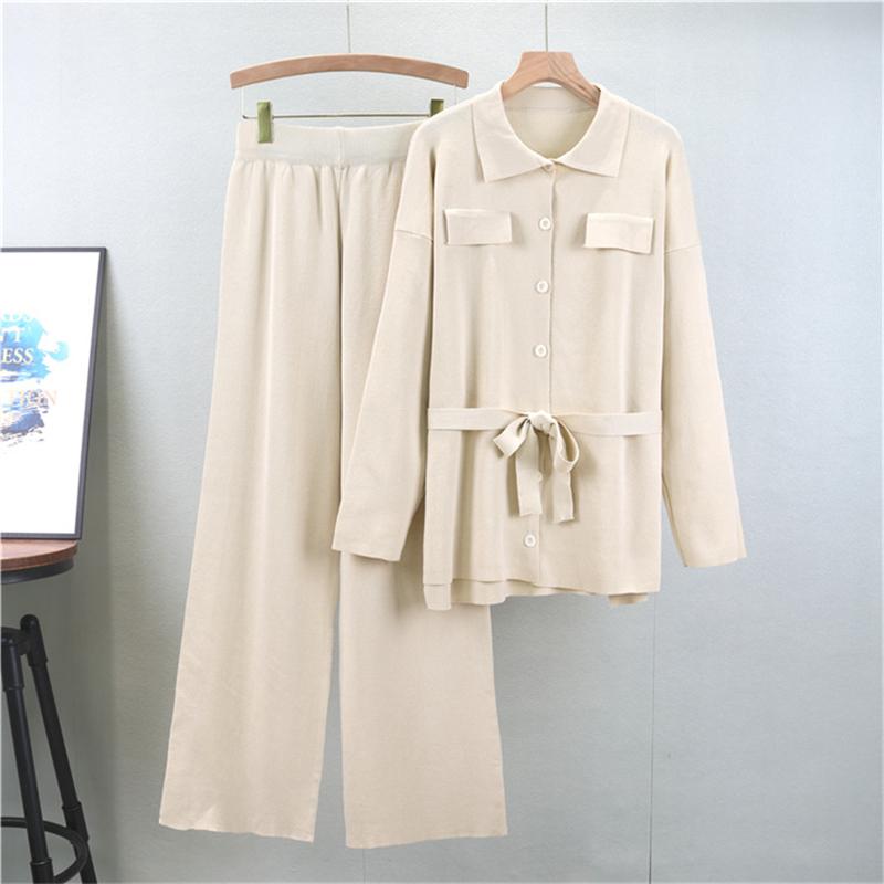 Fashion Knitted Set Women's Autumn New Style Loose Medium to Long Collar Cardigan Wide Leg Pants Two Piece Set