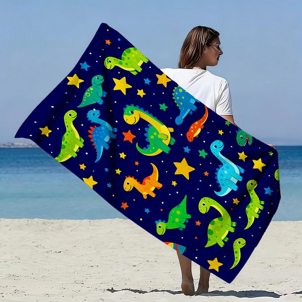 Cartoon Dinosaur Style Oversized Soft Beach Towel Colorful Dinosaur and Star Print Pattern Microfiber Bath Towel Quick-Drying