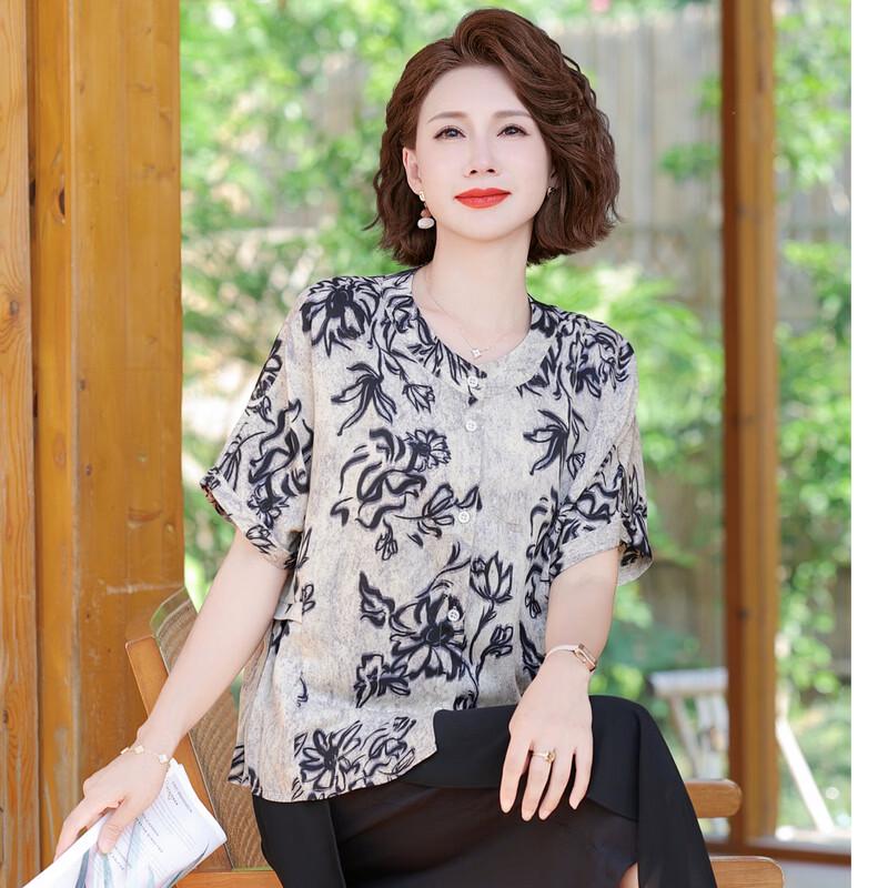 LANGSHA Mid-Aged Women's Floral Cotton Linen Short Sleeve Top