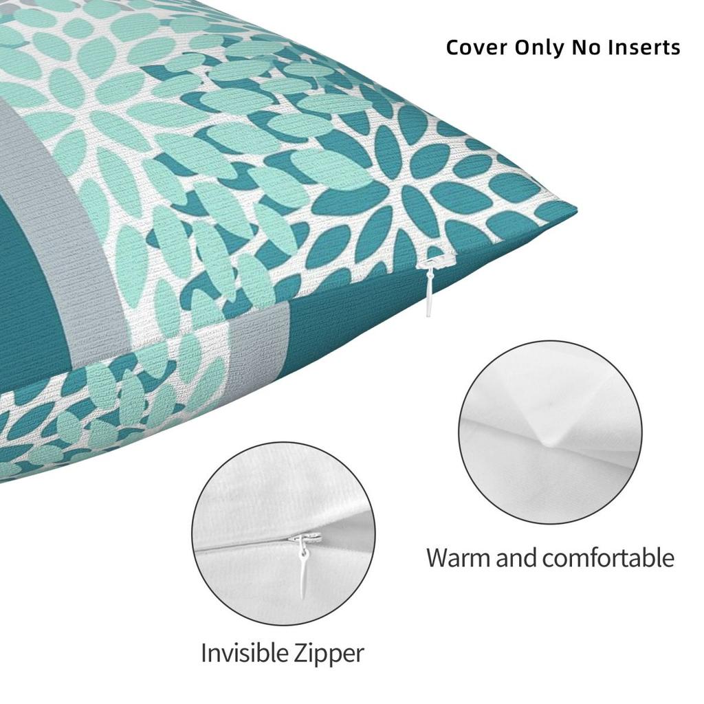 Floral Teal Turquoise Gray Square Pillowcase Polyester Linen Velvet Pattern Zip Decorative Home Cushion Cover 18"