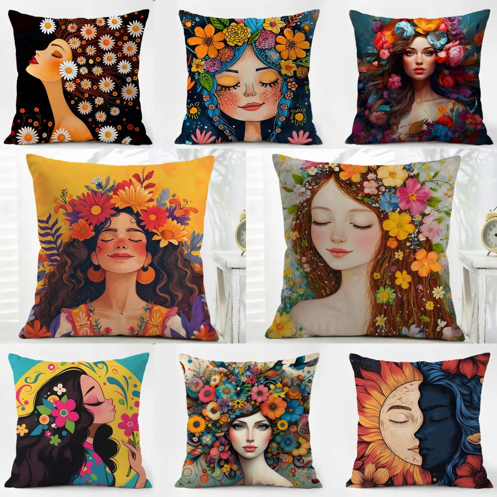 Casual Romantic Dreamy Flowers Girl Hairs Cushion Cover Washable Linen Pillowcase Soft for Daily Sofa Bed Home Room Decor