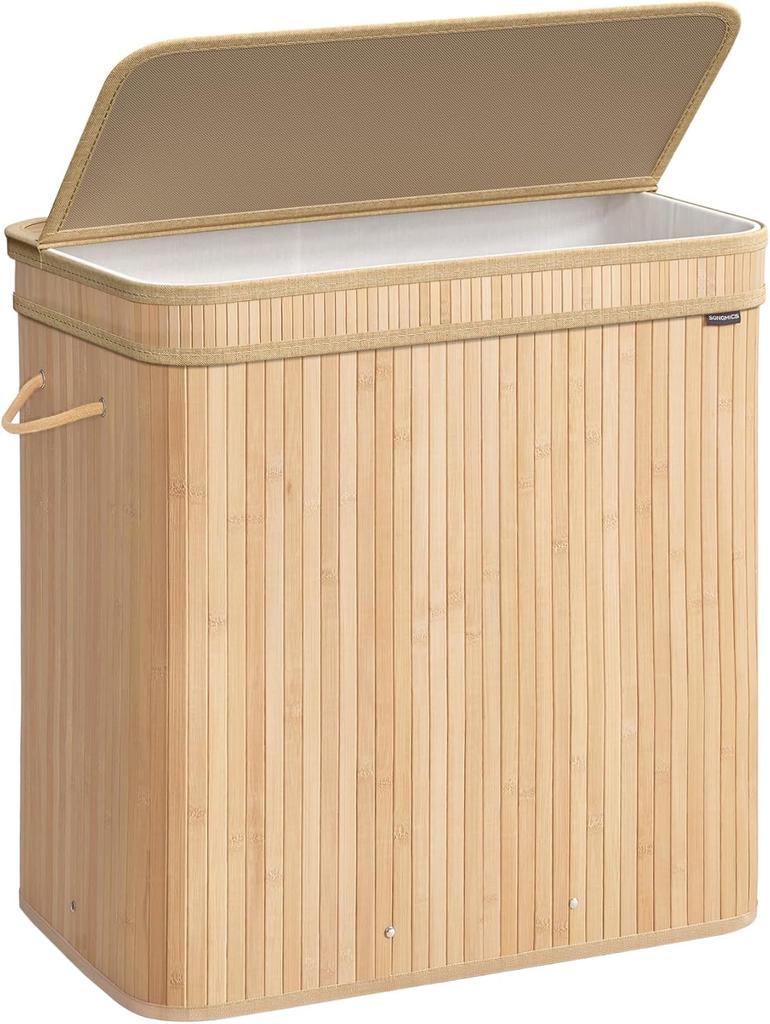 SONGMICS Laundry Hamper with Lid, Bamboo Laundry Basket, Removable Machine Washable Hamper Basket, with Handles, 150 L, for Laundry Room, Bedroom