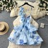 Romantic vacation style V-neck flower print dress women's summer backless strap A-shaped dress sexy temperament thin