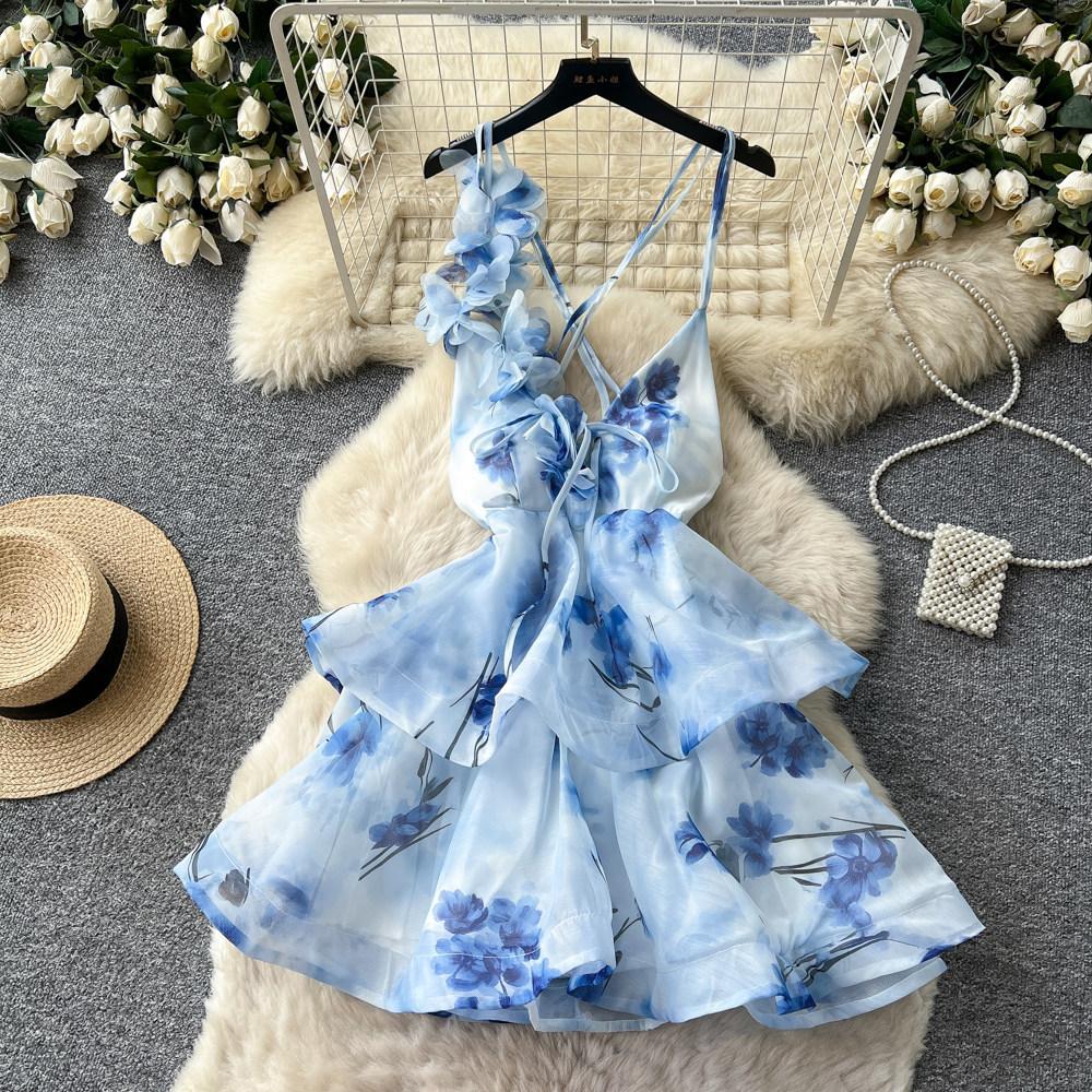 Romantic vacation style V-neck flower print dress women's summer backless strap A-shaped dress sexy temperament thin
