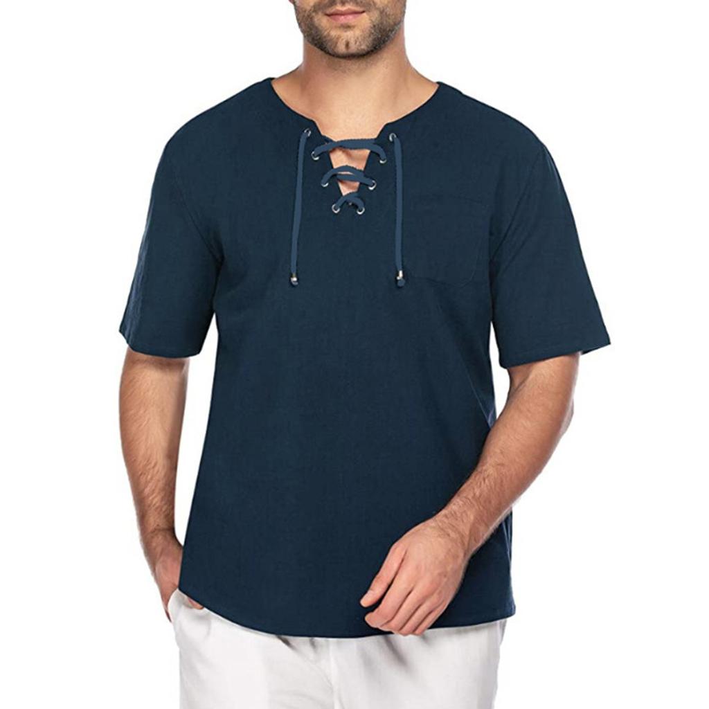 Pánské volné neformální topy léto klasická móda bavlna a len halenka s krátkým rukávem topy pro volný čas s šněrováním a límečkem do V