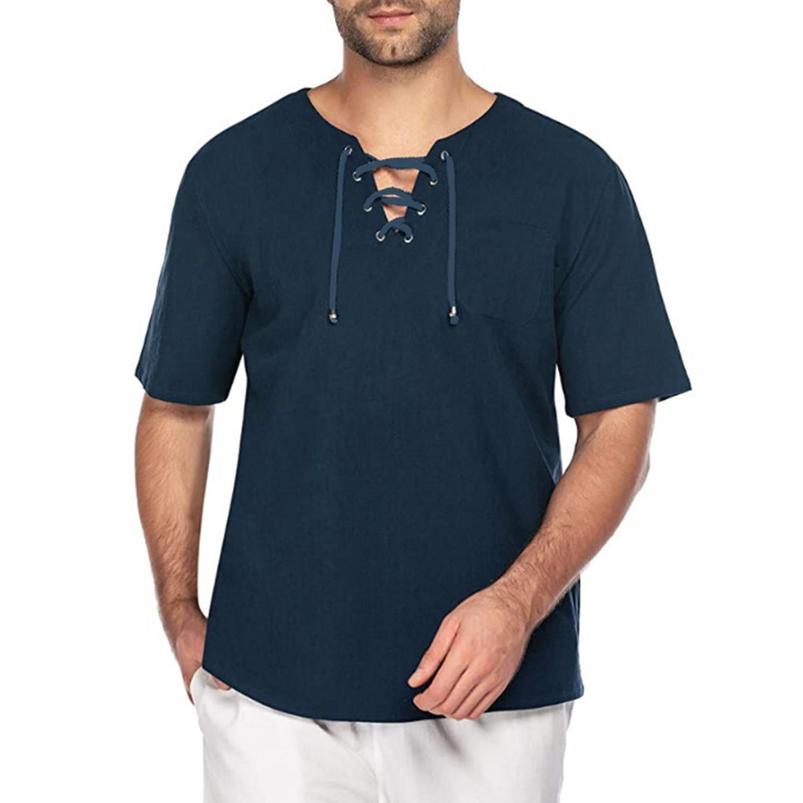 

Мужские свободные повседневные топы Летняя классическая модная хлопковая и льняная блузка с короткими рукавами Топы Простая повседневная рубашка с V-образным вырезом на шнуровке M тёмно-синий