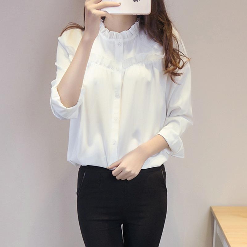 Women s Pure White Cotton Ruffle Edge Stand Collar Loose Long Sleeve Shirt for Spring and Autumn 2026 S белый