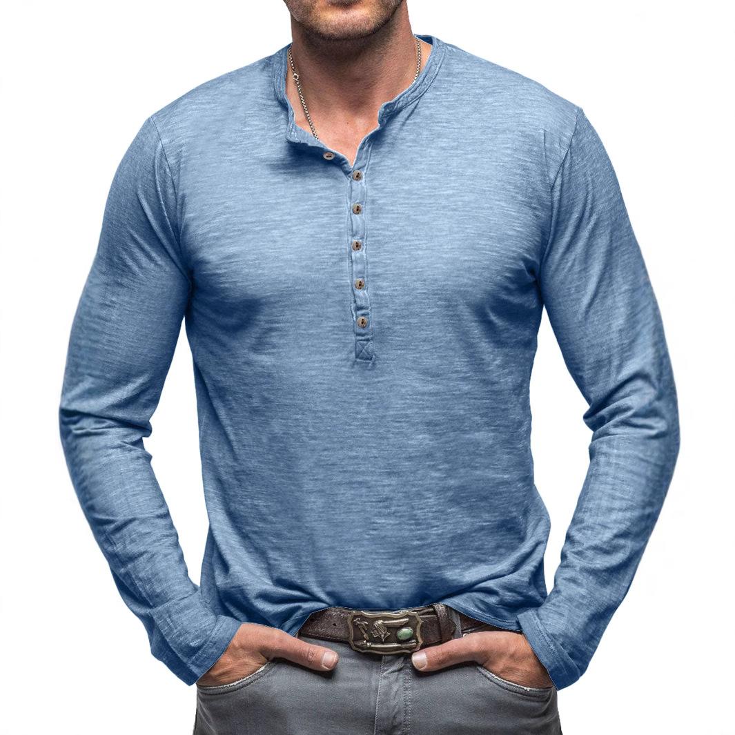 MyMall Herfst Winter Casual Heren T-shirt Lange Mouw Heren Henley Shirt Slub Katoen Top XXL lichtblauwe kleur