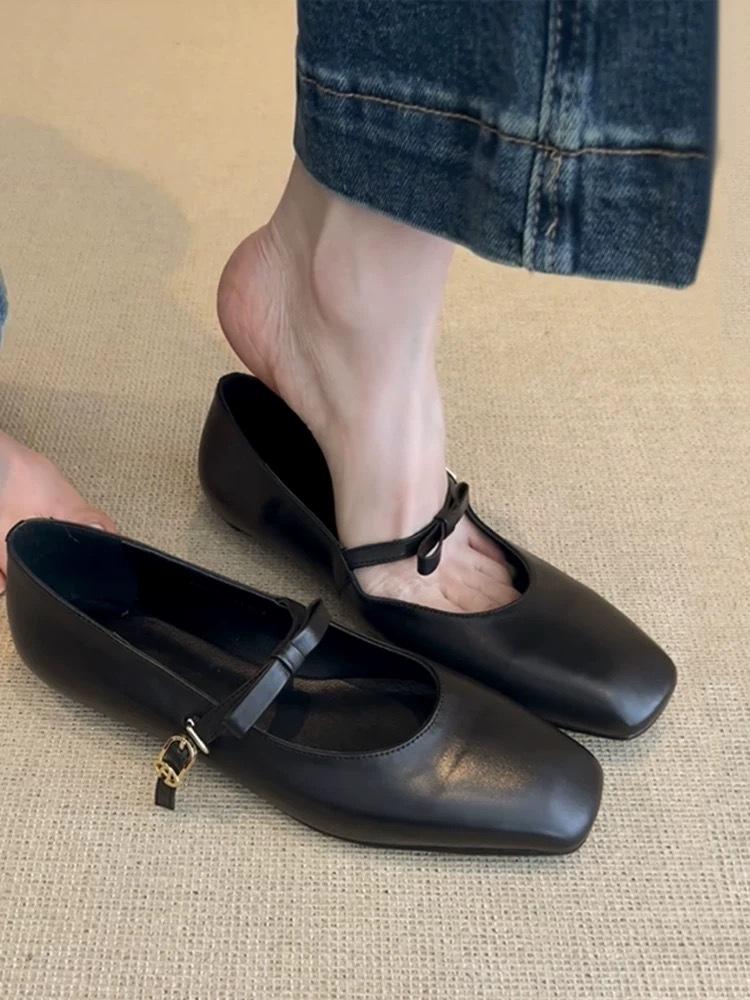 

Версия из овчины~ Французские розовые туфли Мэри Джейн женские новинка весны 2025 года универсальные туфли на плоской подошве с квадратным носком и бантом 40 чёрный