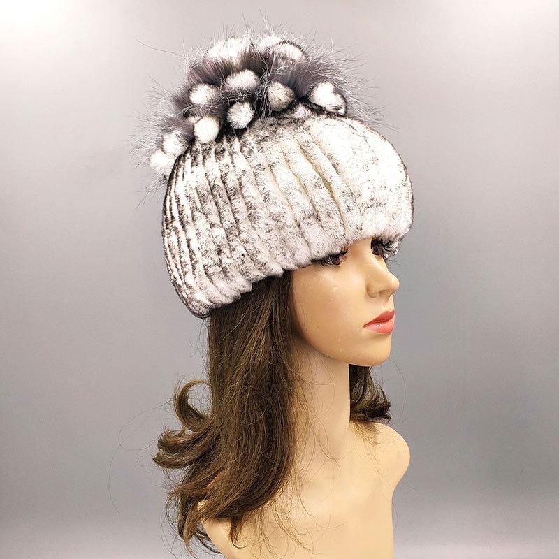 New Rex Rabbit Hair Hat Women's Winter Thickened Warm Fashion Versatile Elastic Fur Woven Hand-sewn Knitted Hat