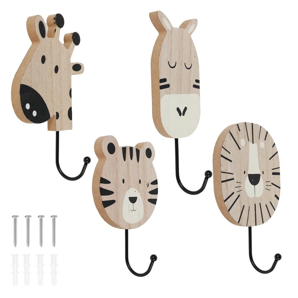 4 Pcs Cartoon animals Wood Decorative Wall Hook Creative Kids Wall Hook Practical Cute Towel Hanger for Home Bathroom Bedroom