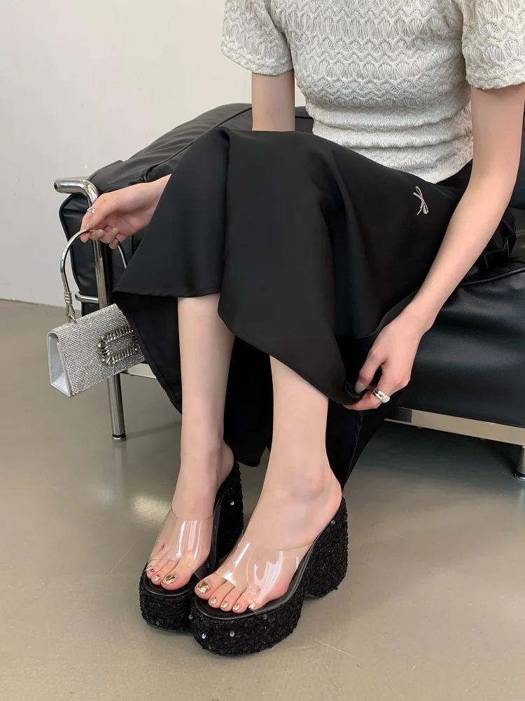 Eilyken PVC Transparen Open Toe Platform Wedges High Heels Women's Slipper Designer Bling Sequin Cloth Banquet Shoes