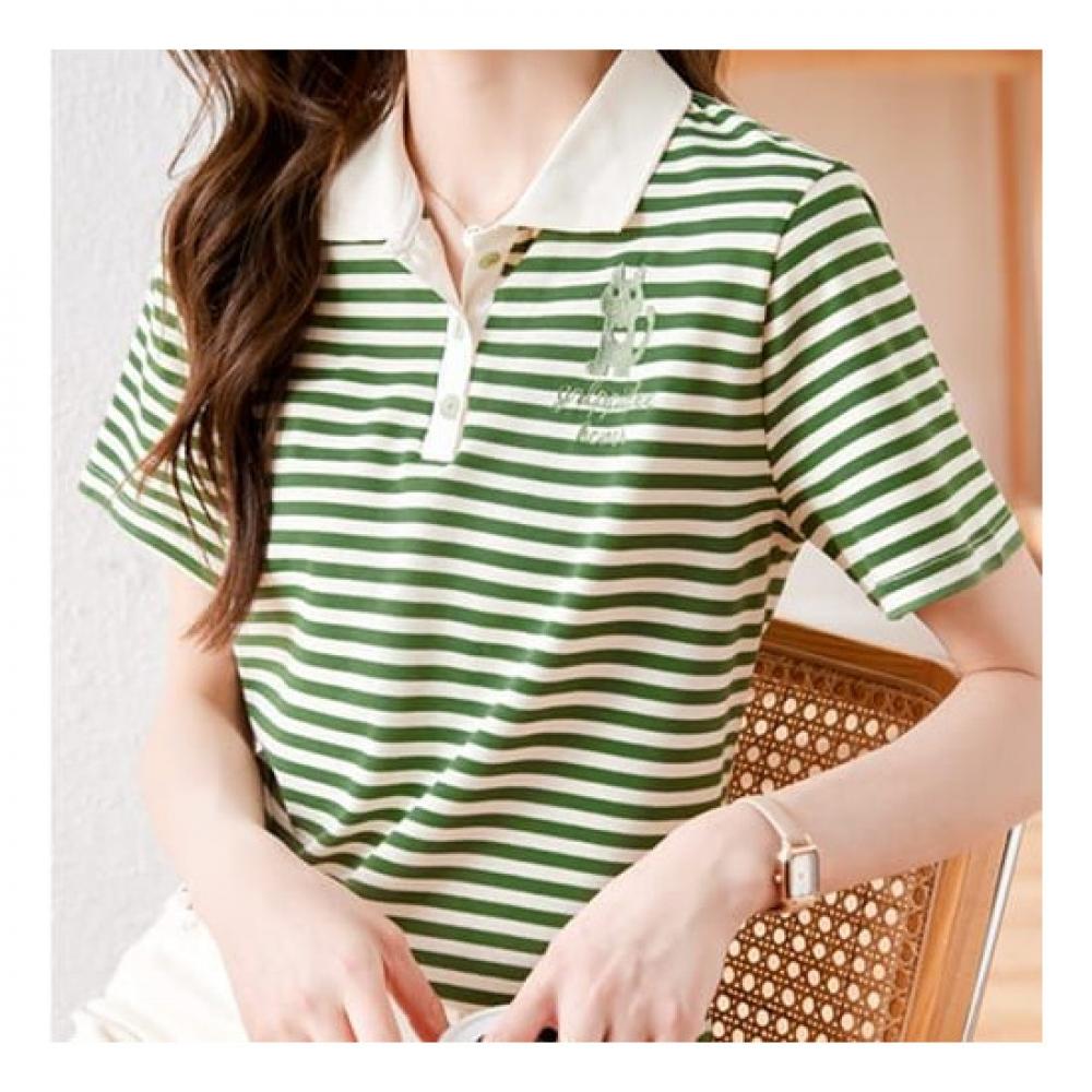Navava Casual Cat Embroidery Striped Short Sleeve Polo Shirt Nt677