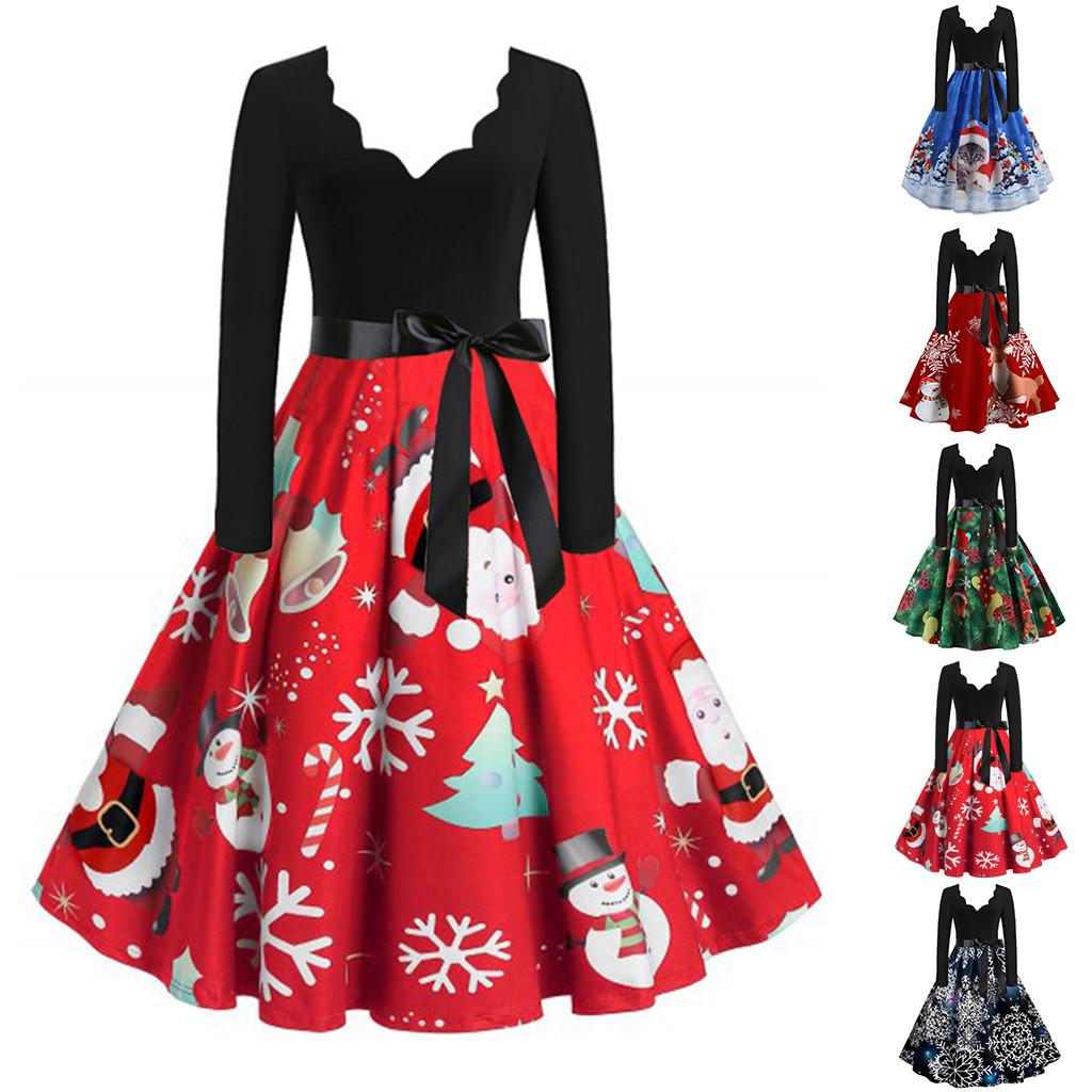

Женщины с длинным рукавом Рождественские музыкальные ноты с принтом Vintage Flare Dress