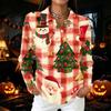 Women's Casual Christmas Print Button Down Long Sleeve Collared Blouse Top with Side Slits