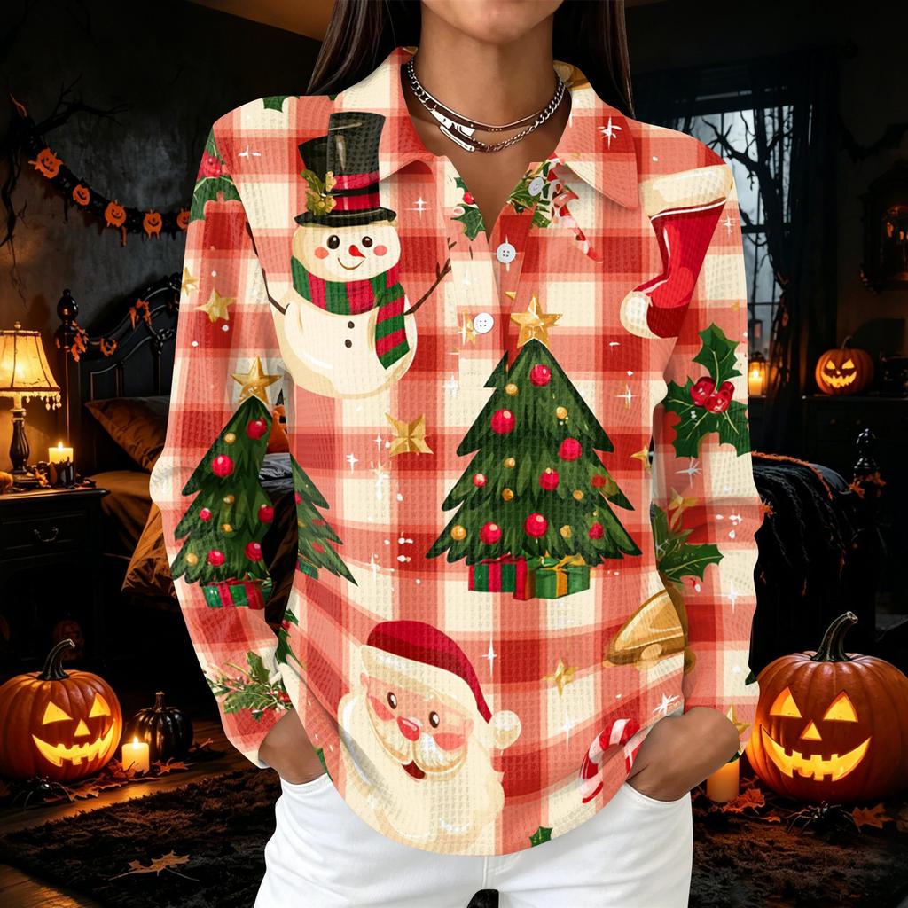 Women's Casual Christmas Print Button Down Long Sleeve Collared Blouse Top with Side Slits