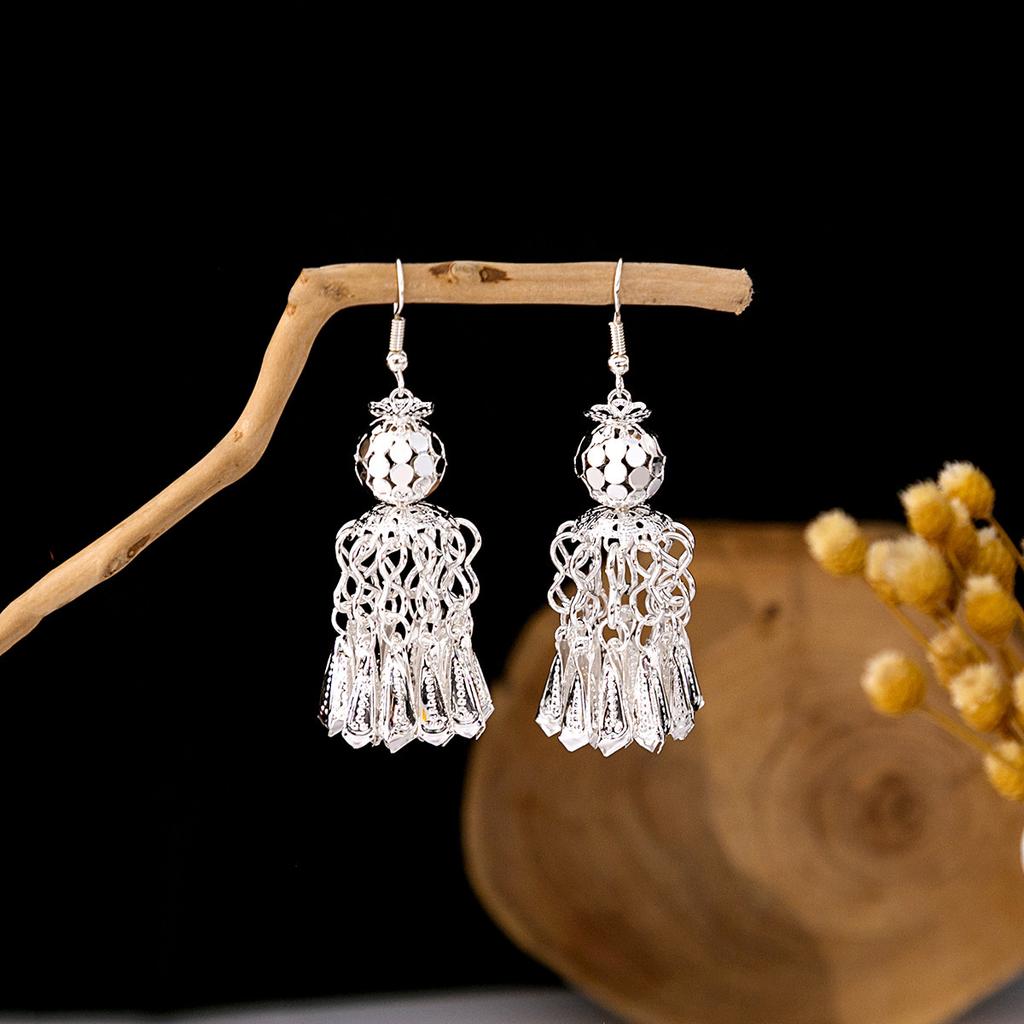 Ethnic Style Imitation Miao Silver Earrings, Colorful Long Fringed Chain Earrings, Hot-selling Earrings In Scenic Spots, Qinghe Jewelry Batches