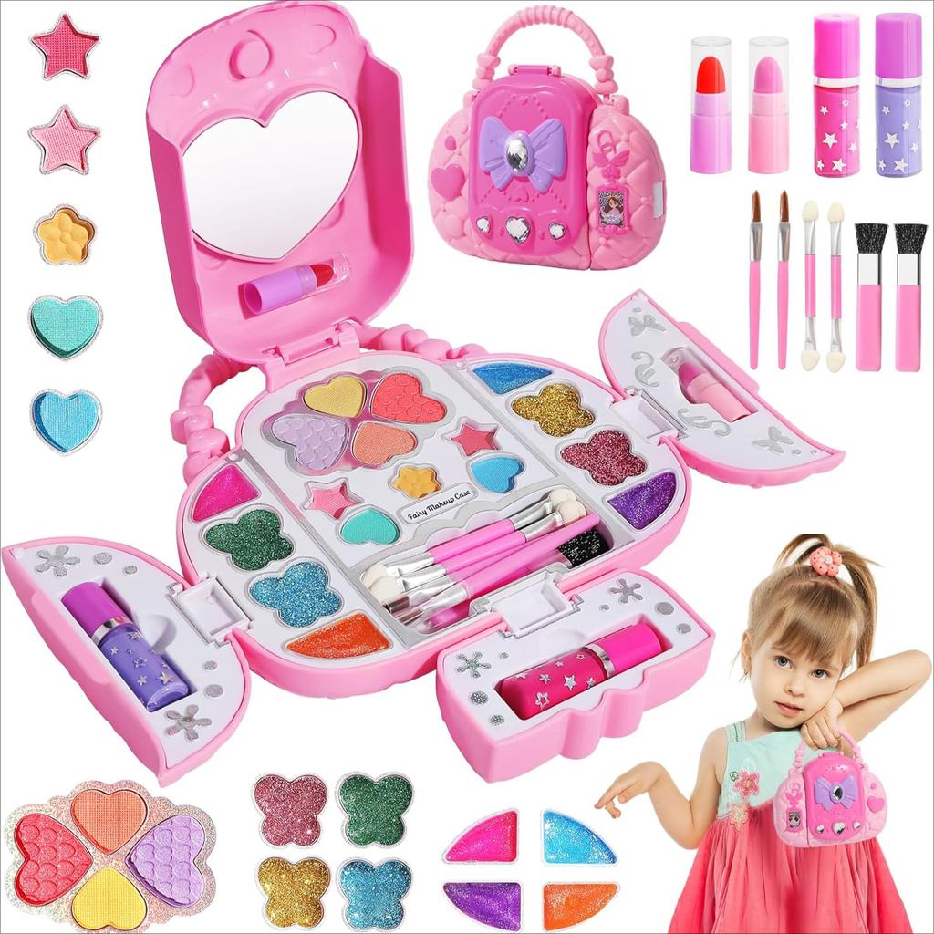 Kids Real Washable Makeup Kits for Girls with Mirrors, Fashionable Handbag Storage Design,Princess Toys Cosmetic Set, Gifts