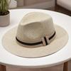 Unisex Straw Fedora Hat With Striped Band Wide Brim Summer Beach Sun Hat