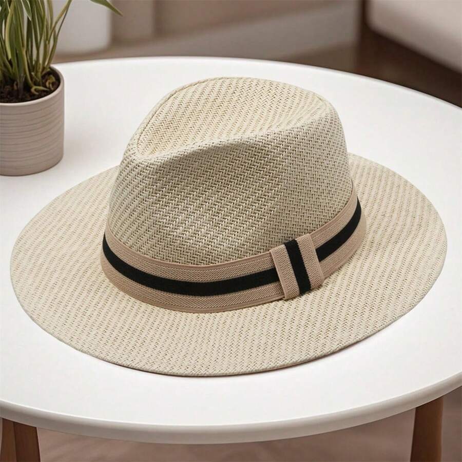 Unisex Straw Fedora Hat With Striped Band Wide Brim Summer Beach Sun Hat