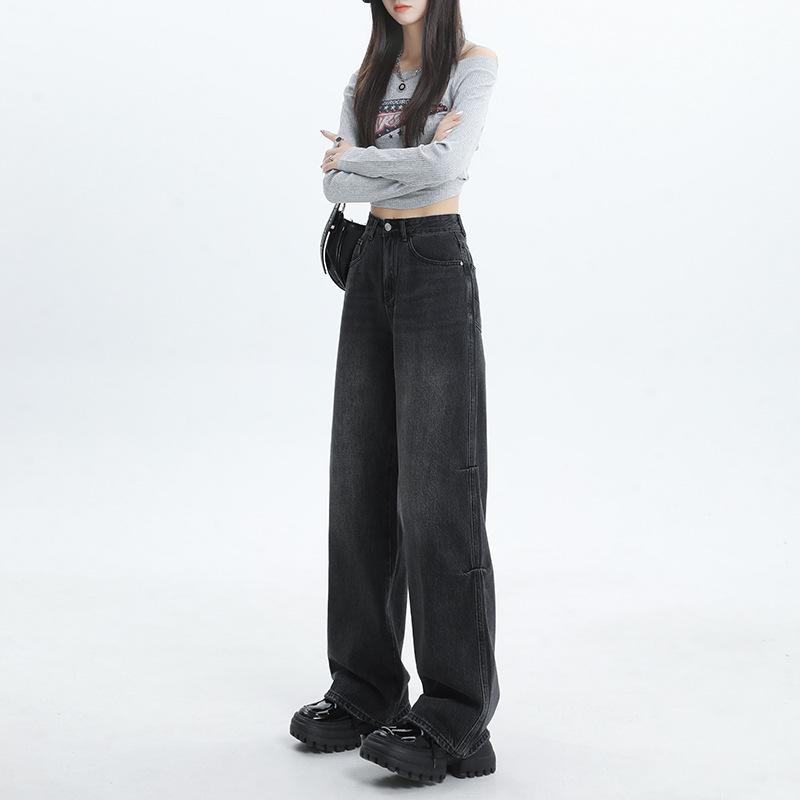 American retro high-waisted wide-leg jeans women's autumn new loose and thin straight drape floor pants