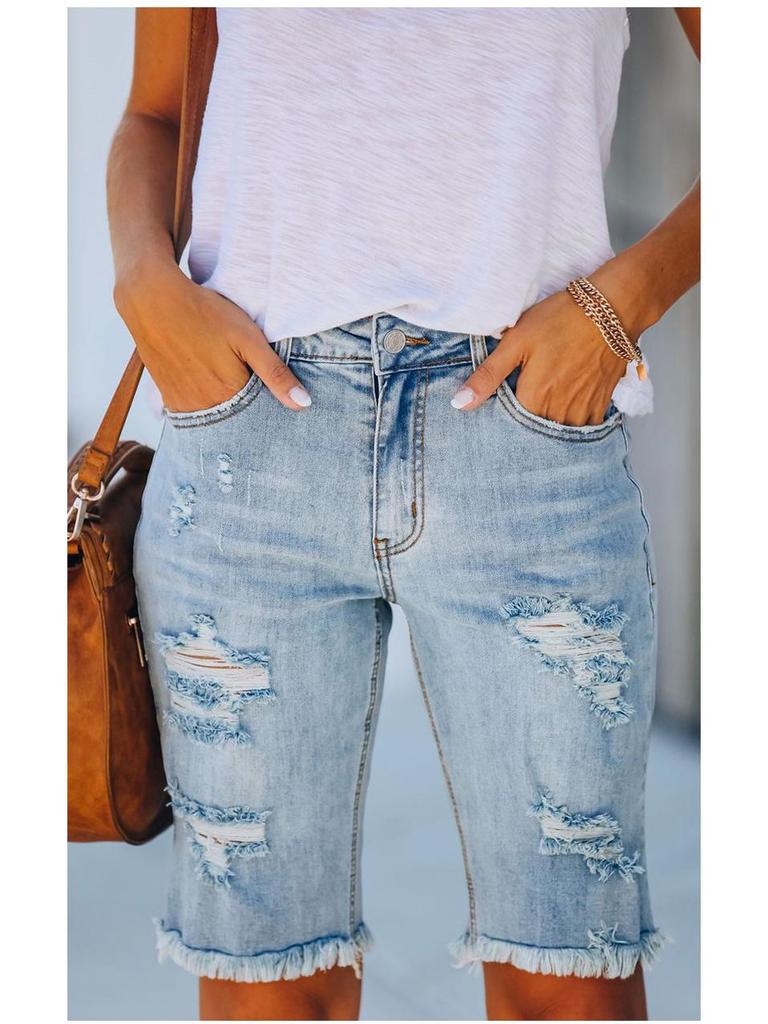 European Summer Tassel Ripped Skinny Cropped Jeans - Women's Mid-Waist Fashion