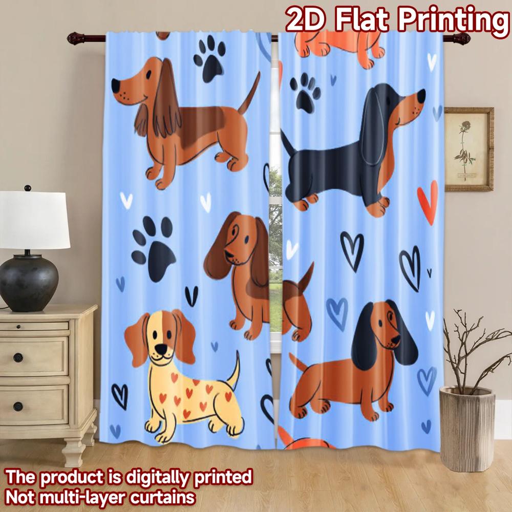 2D Flachdruck 2 Stück Vorhang Niedlicher Dackel Hund Digital Bedruckt Polyester Vorhänge Festliche Wanddekoration Verwendung für Festliche Porträts