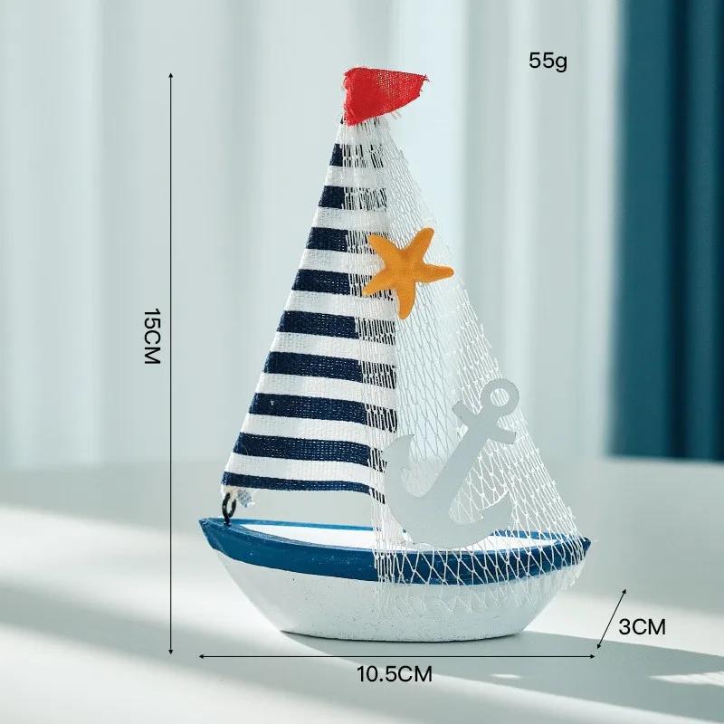 1pc Mini Mediterranean Nautical Wooden Blue Sailing Boat Wood Craft Ornament for Home & Party Decoration