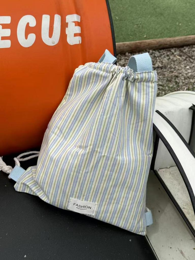 Striped Canvas Drawstring Backpack - 2025 Casual Commuter with Large Capacity & Single Shoulder Strap