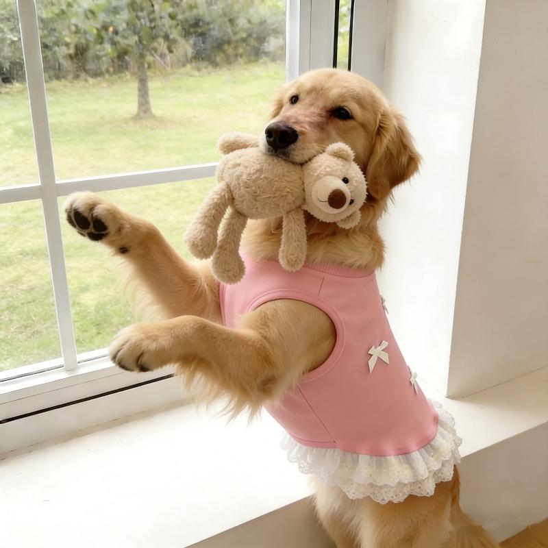 Spring Summer Thin Breathable Pink Blue Bow and Lace Decorative Dress Suitable for Medium and Large Pet Dog Clothing