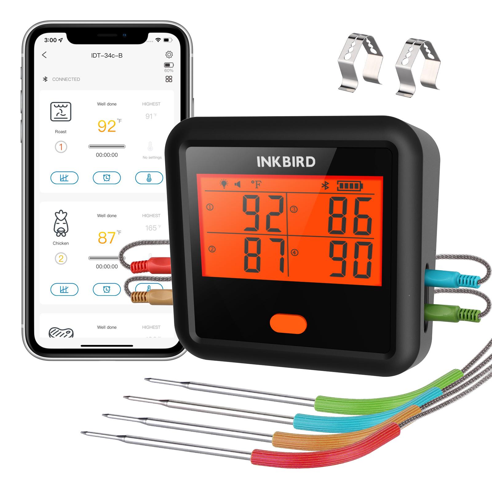 

INKBIRD Meat Thermometer IDT-34c-B Bluetooth Grill Thermometer with 4 Meat Probes LCD Free App Control for Grilling & Smoking BBQ Thermometer