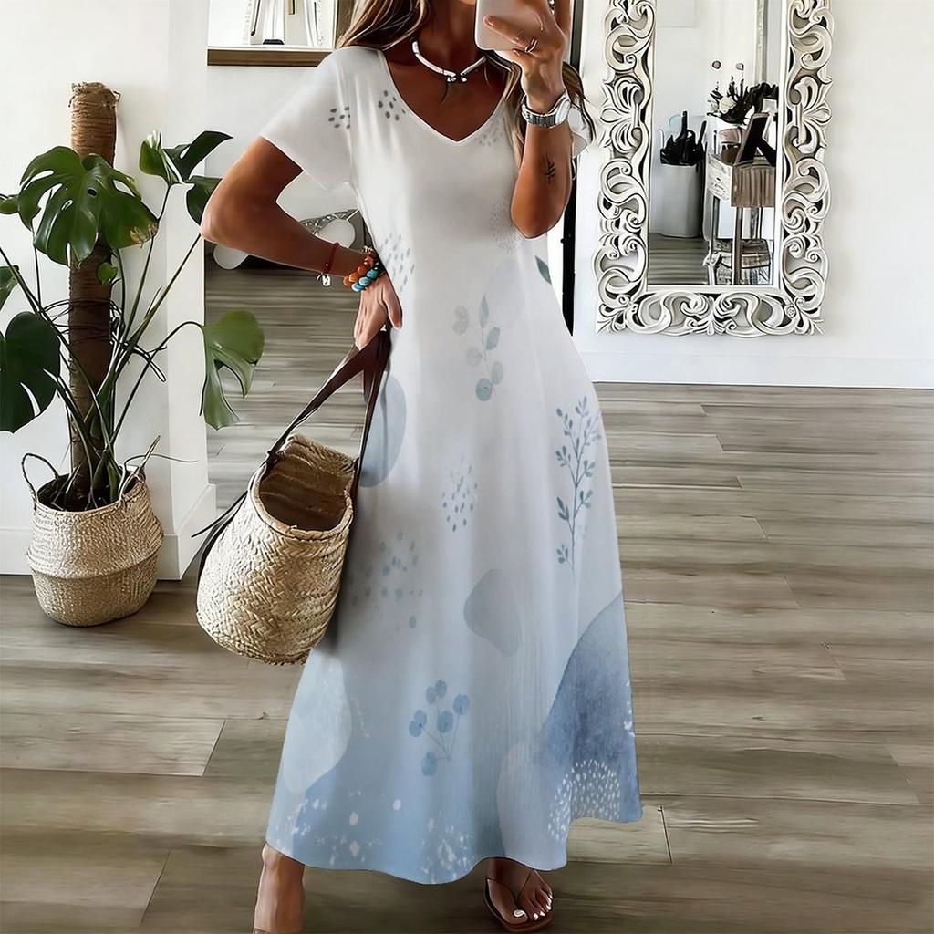 Women Plus Size V Neck Short Sleeve Printed Straight Maxi Dress