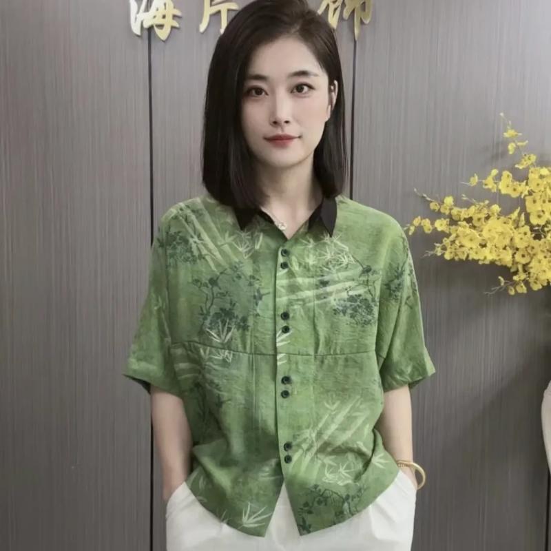 

Women s Chinese Style Bamboo Print Linen Shirt Contrast Collar Half Sleeve Casual Blouse L зелений