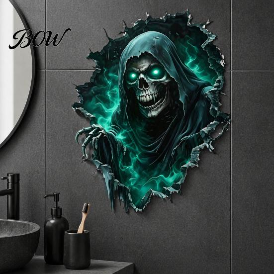 Decorative Wall Film Halloween Theme Sticker, Horror Skull Decal, Waterproof Self-adhesive Glowing Stickers Art, for Home Living Room Bedroom