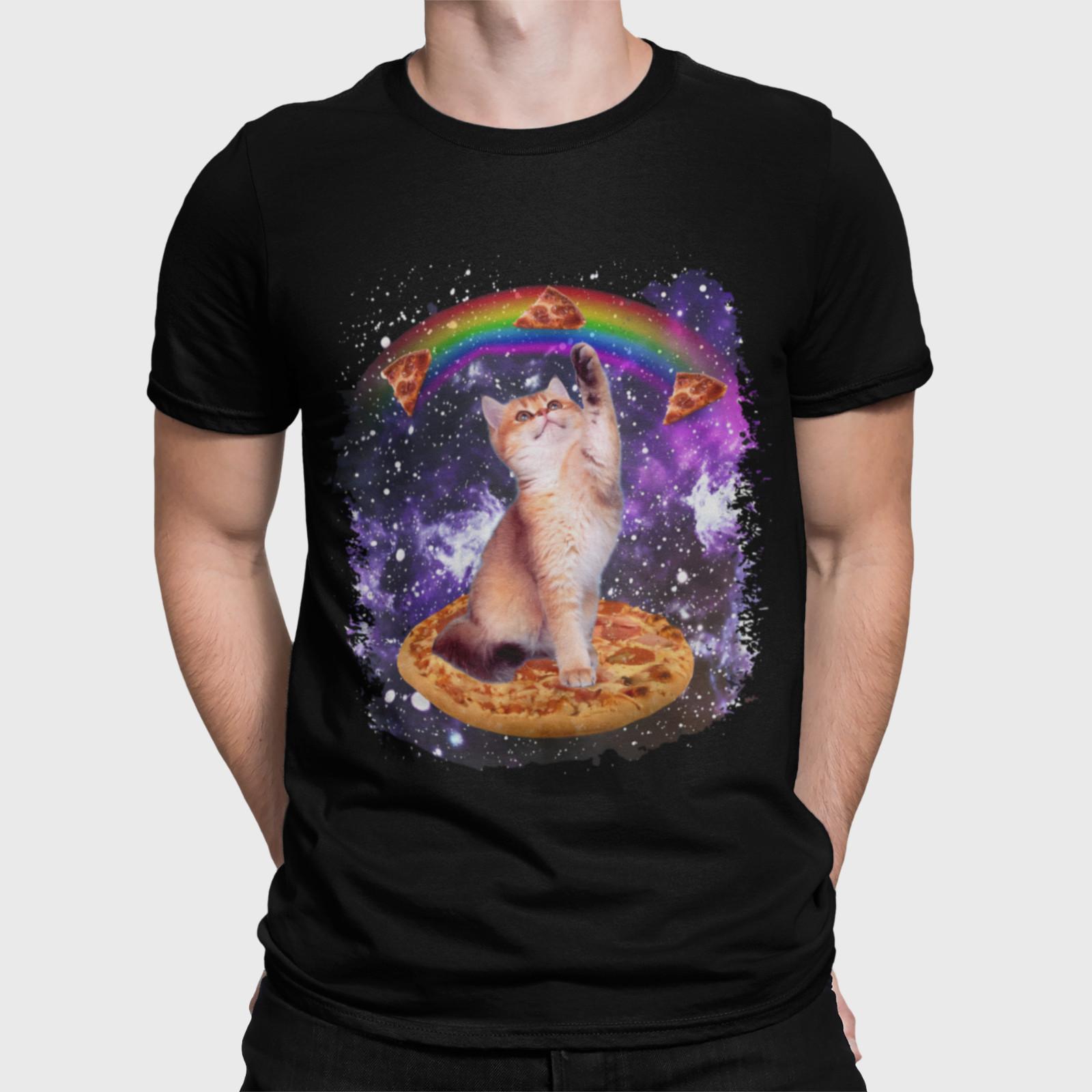 Funny Cat Pizza Shirt Rainbow Space Meme Graphic Unisex T-Shirt M