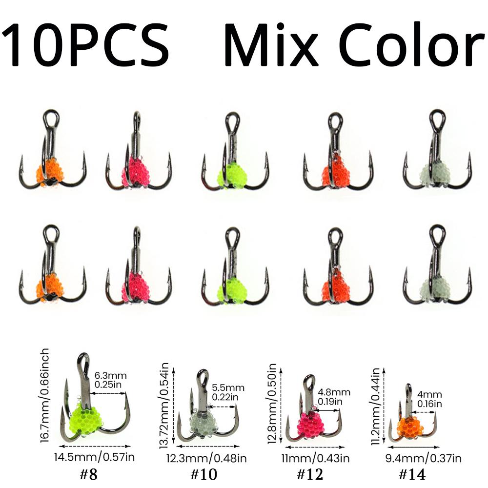 ICERIO 10PCS Lifelike Egg Bead Treble Hooks Glow Ice Fishing High Carbon Steel Sharp Barbed Fishing Hooks for Trout & Salmon