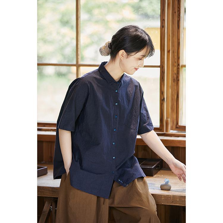 Women's Original Retro Cotton Dark Blue Short-Sleeved Casual Blouse