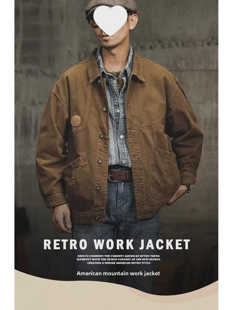 Pánská vintage hnědá voskovaná džínová lovecká bunda - Retro podzimní pracovní oděv, volný a trendy styl
