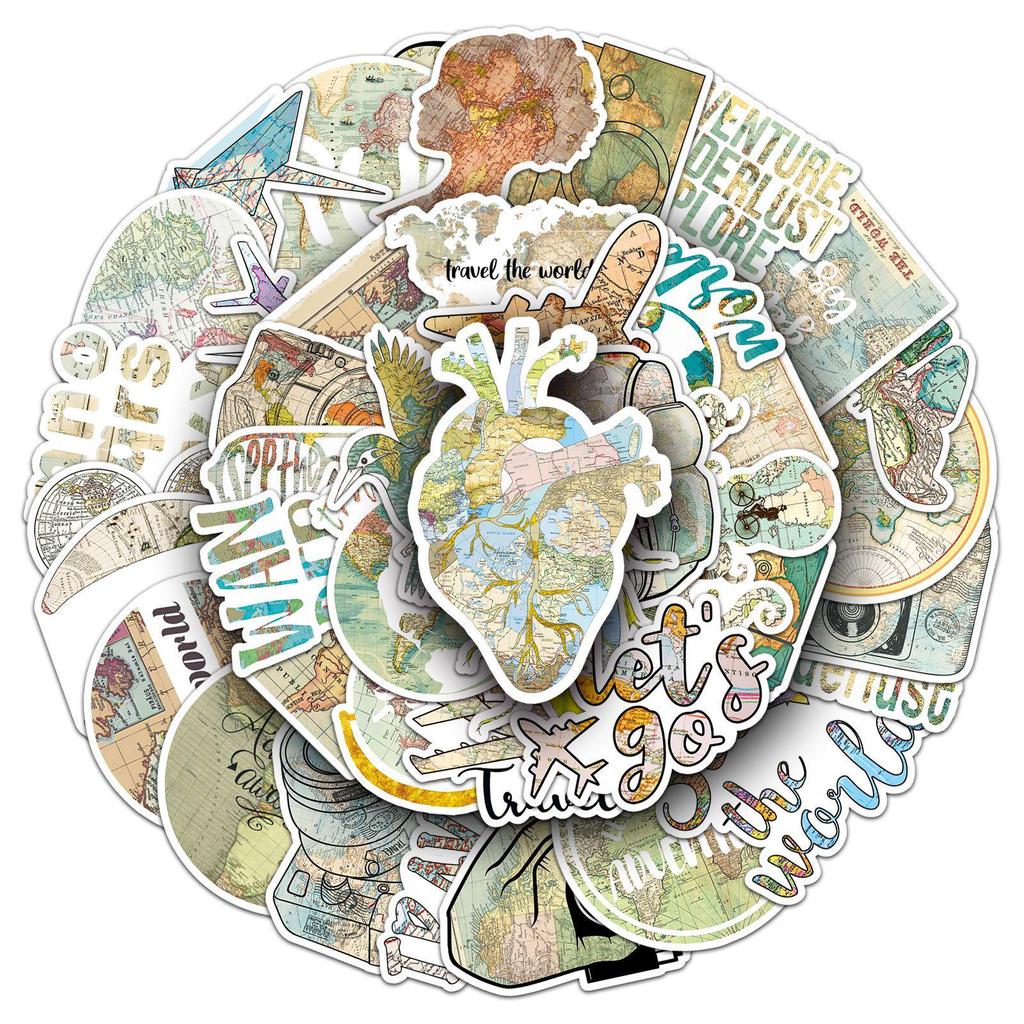 World Map Retro Art Stickers: 50 Waterproof Sheets for Creative Journals and Notebooks.