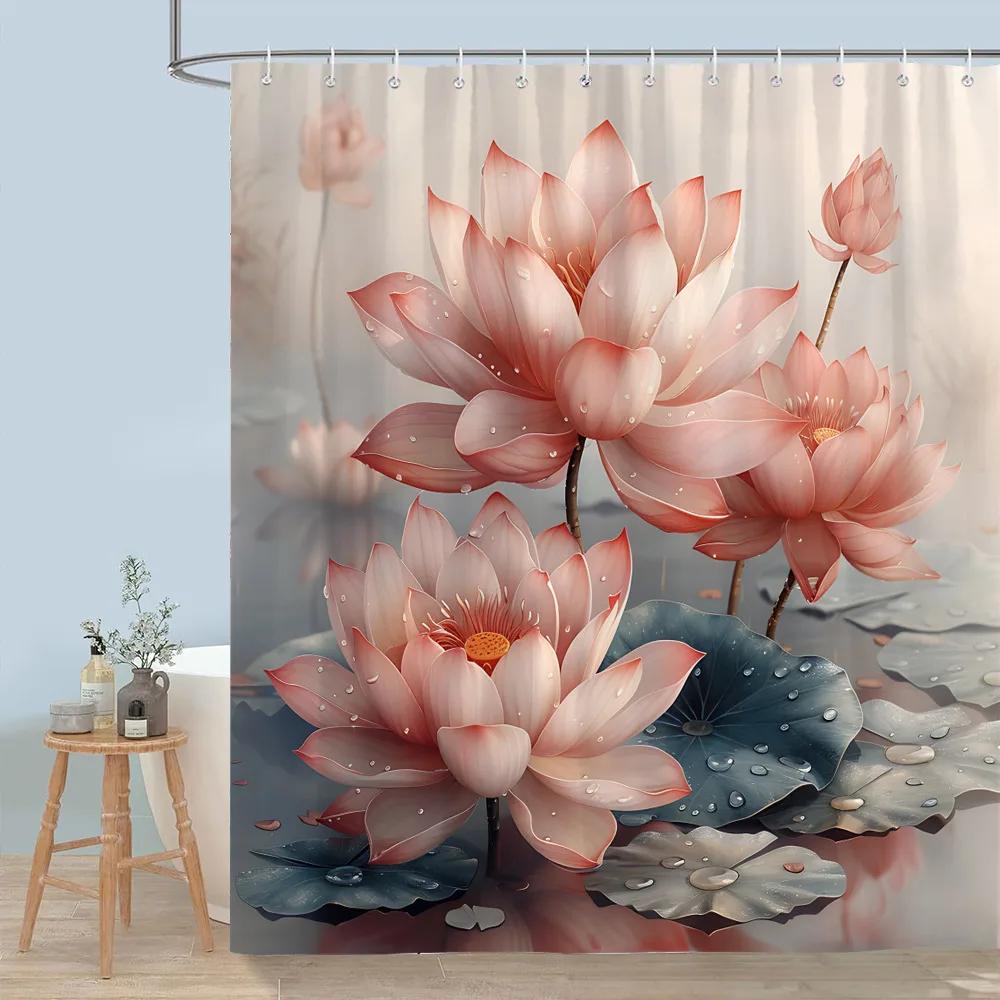 Hübscher Blumiger Duschvorhang Blühende Blume Schmetterling Lotus Polyesterstoff Heim-Duschvorhänge Badezimmer Dekoration Mit Haken