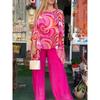 Women's Abstract Printed Chiffon Two Piece Bat Sleeve Top And Wide Leg Pants