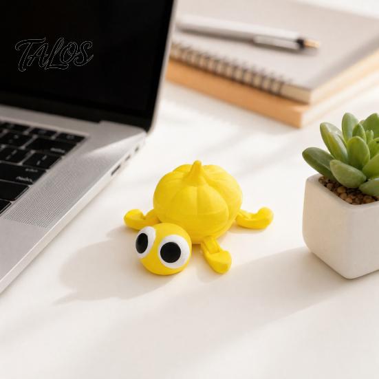 Burr-free 3D Print Printed Posable Big-Eyed Yellow Pumpkin Turtle Figurine, Flexible Joint Cute Durable Desktop Figurine Fidget Stress Relief